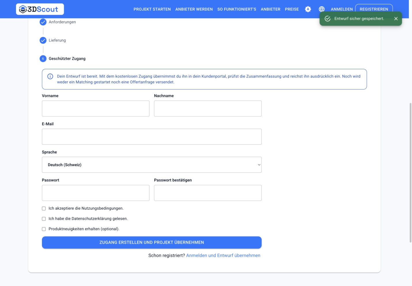 Eingebettete Registrierung im Projektassistenten