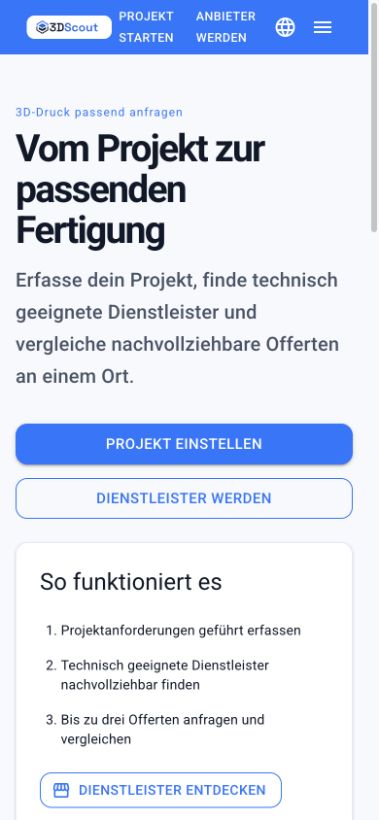 Mobile 3DScout Startseite bei 390 mal 844 Pixeln