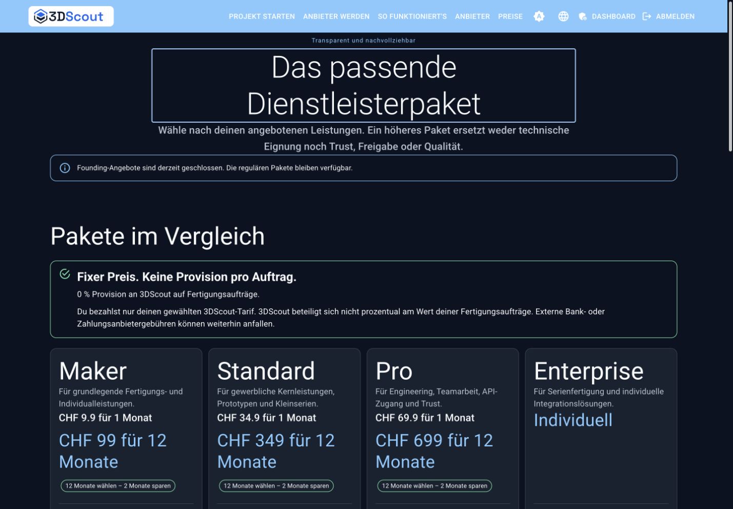 Öffentliche Tarifseite von 3DScout