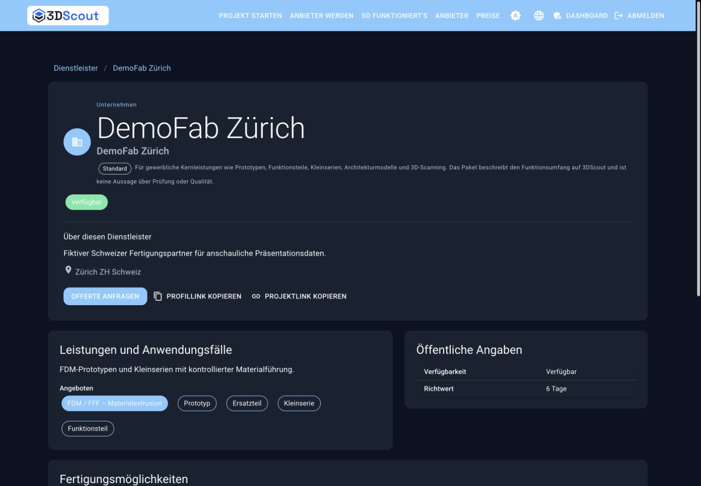 Öffentliches Profil eines 3DScout Providers