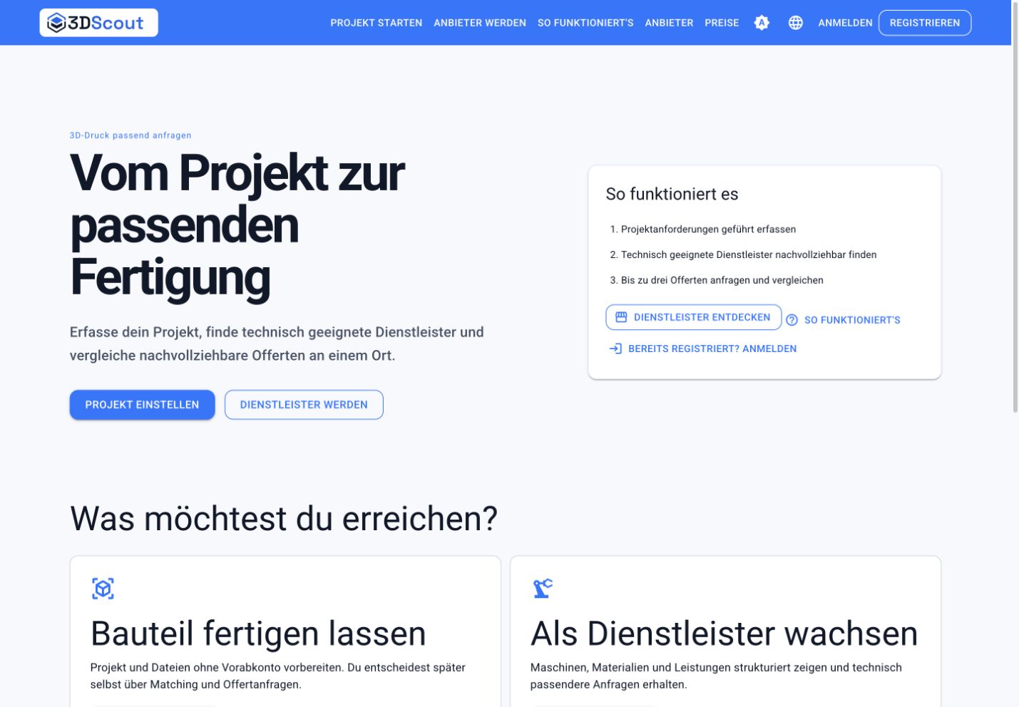 3DScout Startseite auf einem Desktop